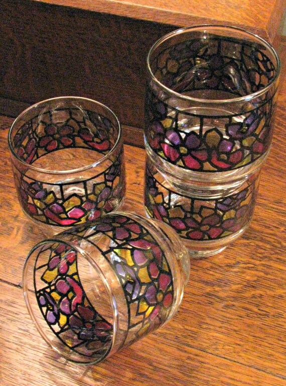 Libbey Accent Glasses On The Rocks Stained Glass Look Set