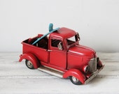Vintage scarlet  pick-up truck, retro style, collectible truck miniature with surfboard and life saver, red truck miniature, mid nineties