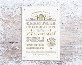 Printable Christmas Invitations, Holiday Party Invitation, Silver & Gold Invite, Typography Invitation