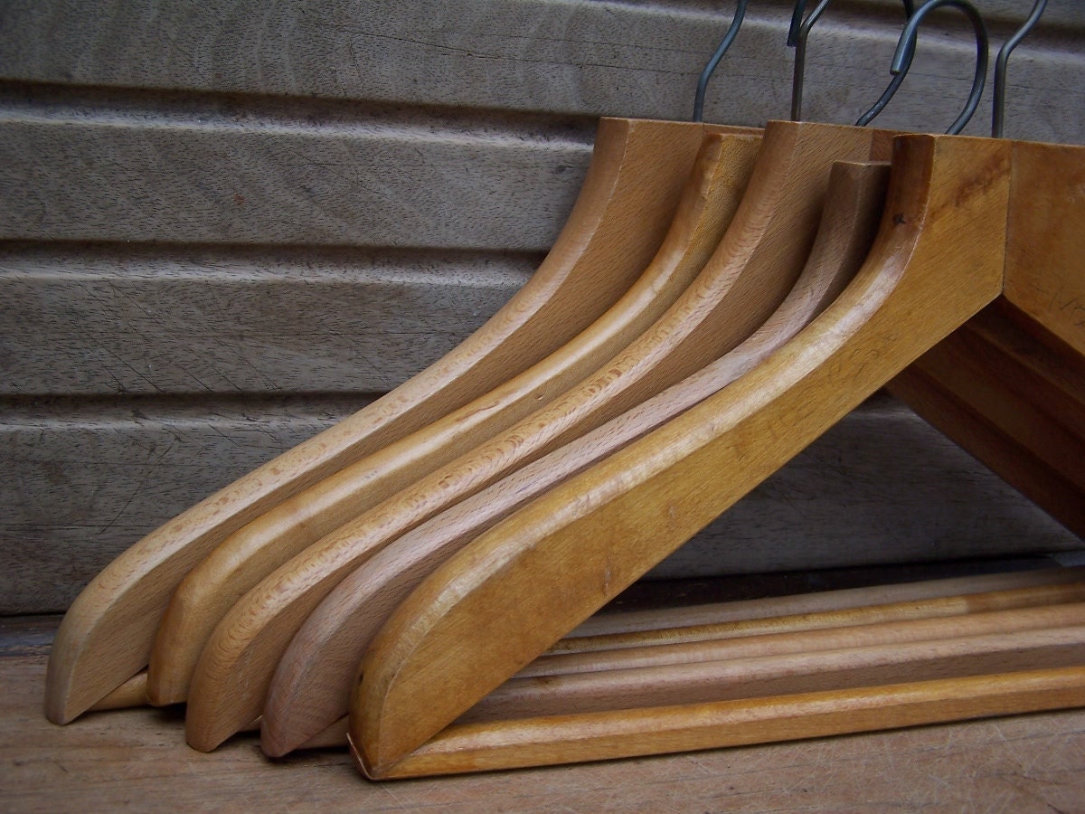 5 vintage wooden coat hangers, clothes hangers, varnished, storage and