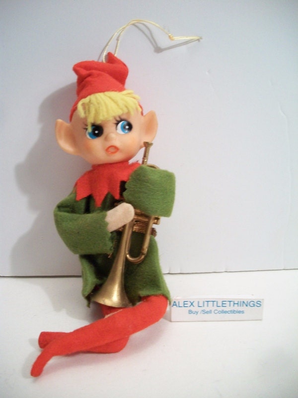 Vintage Green Elf Holding Trumpet Horn Christmas Ornament