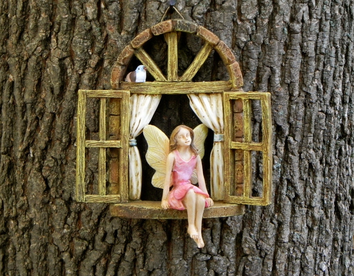 Fairy Garden Accessories Window with sitting FAIRY with pink