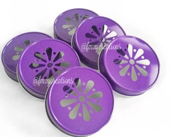 Purple Color Daisy Lids--(6) Daisy Cut Purple Mason Jar Lids, Metal Jar Lids, Mason Jar Lids, Wedding Daisy Lids