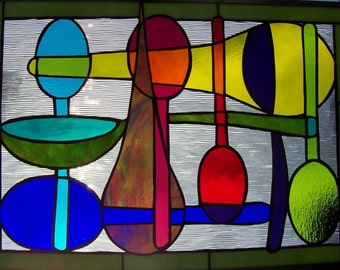 Stained Glass Window Panel, Colorful Spoons, Cheerful Kitchen Decor, Home Decor, Modern Stained Glass Art