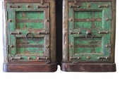 Rustic Distressed Green Nightstand Pair Rustic Storage Cabinet Single Door END Table