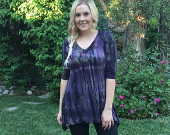Fashion Tops, Tunics, Tie Dye Clothing, Tunic Top, Women's Tunics, Woman Top, Grape Bamboo with Black, XS S M L XL 2X, 3X, V Neck