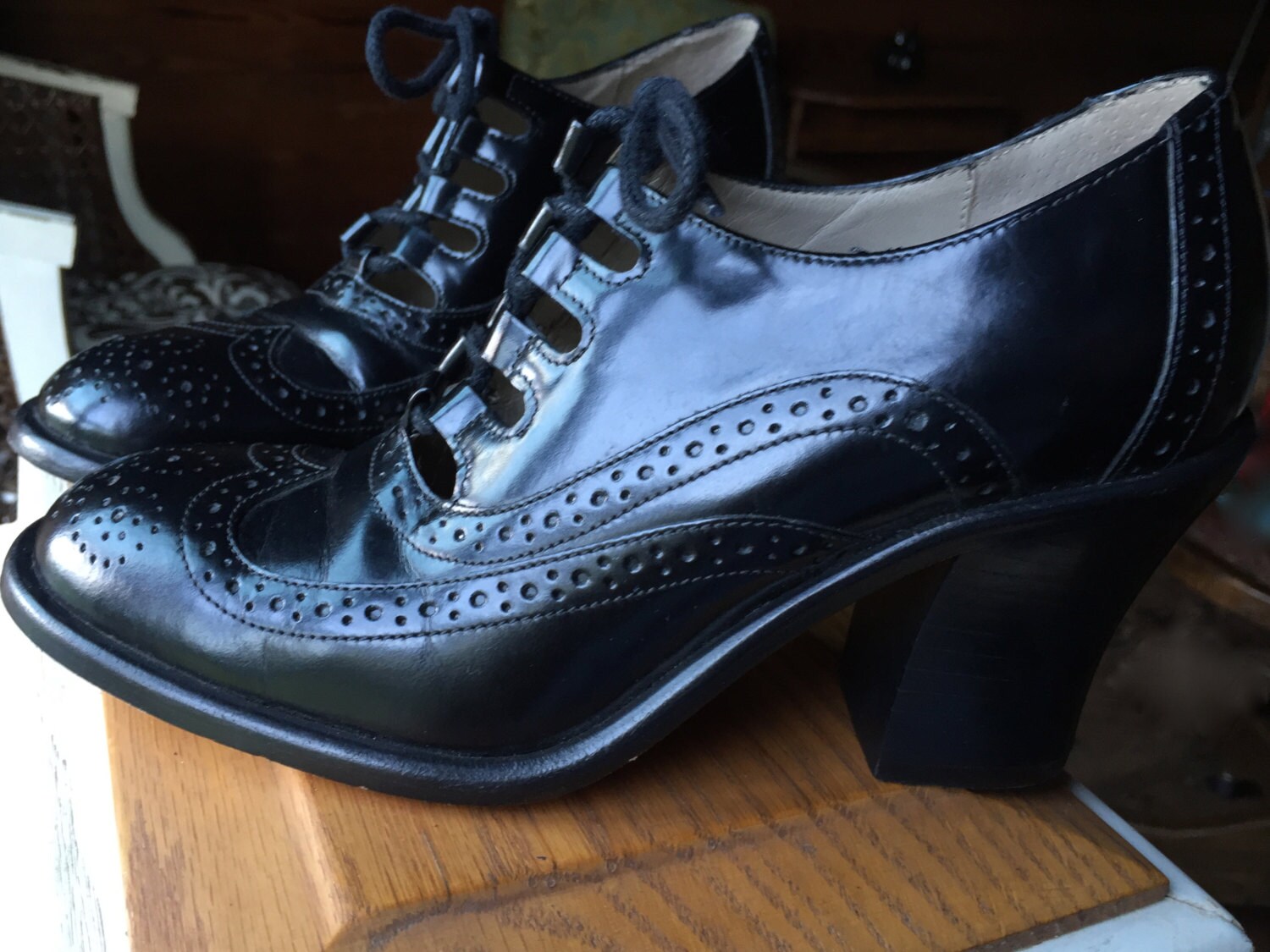 Lace Up Heels Oxfords Black Leather Size 6 M Made In Brazil