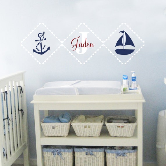  Name Wall Decal - Square Monogram Boys Name Sailboat Anchor Wall Decal