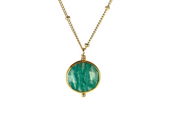 Green amazonite necklace - gold bezel set - gemstone necklace - green crystal necklace - 14k gold vermeil chain