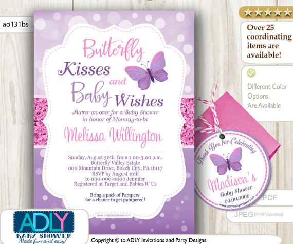 Purple Pink Butterfly Kisses and Baby WIshes Invitation for