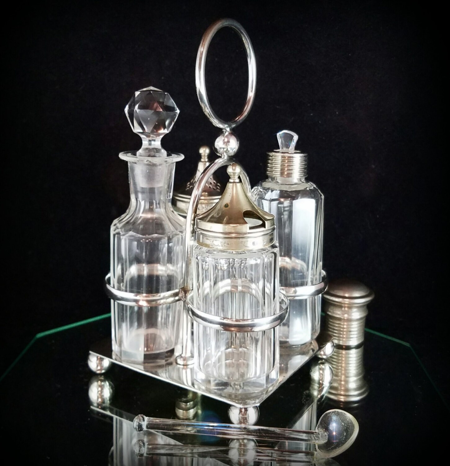 Antique EPNS Castor Set Silver Cruet Set Condiment Crystal