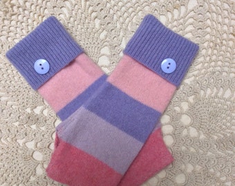 Knit gloves-Upcycled-recycled pinks and purples striped felted lambswool fingerless gloves-made from a sweater