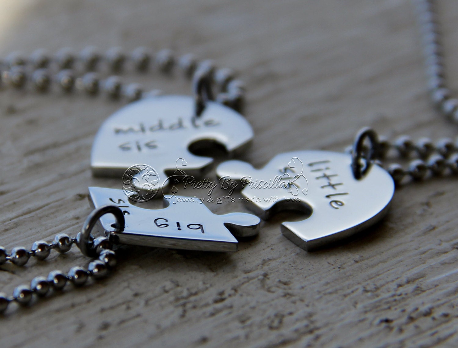 3 Sister Necklace THREE Piece HEART Jigsaw Puzzle Necklace Set