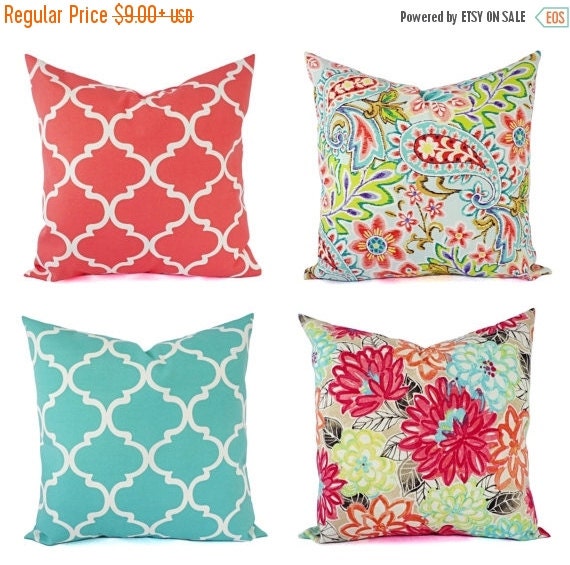 15 OFF SALE One Coral and Teal Pillow Cover by CastawayCoveDecor
