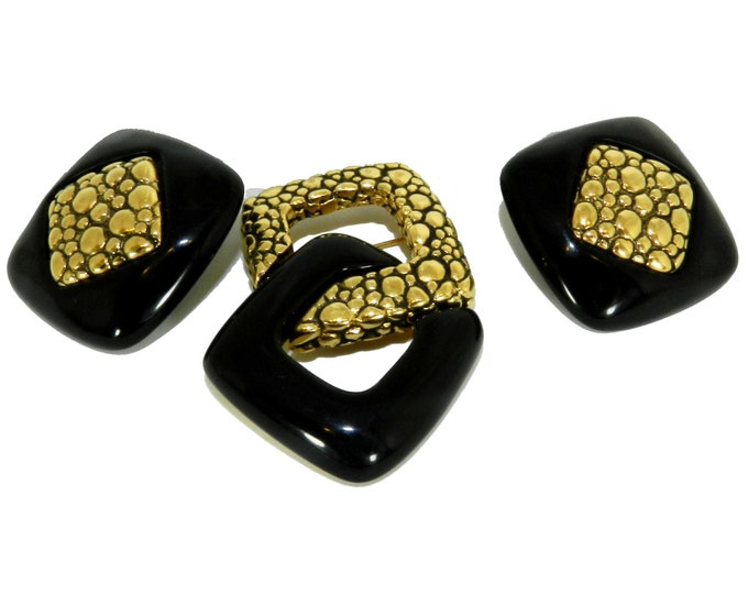 Vintage Givenchy Brooch Earrings Jewelry Set, Givenchy Square Jewelry, Vintage Jewellery, 80s Vintage Fashion, Gold and Black