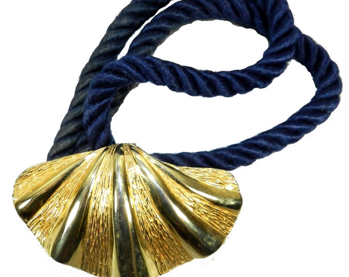 Vintage Gay Boyer Signed Fashion Necklace, Gold Plated Shell with Navy Blue Rope Necklace, Couture Fashion 80s Jewelry Vintage