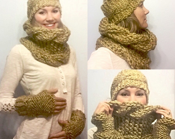 SALE! Golden Honey with Colorful Flecks Chunky Cable Knit Cowl Scarf, Mustard Yellow Neck Warmer with Multicolor Speckles