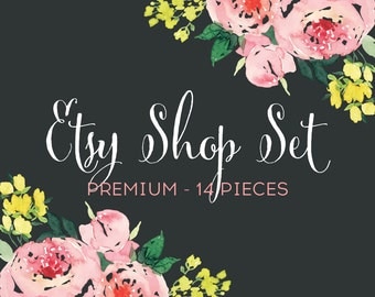 Etsy Banners Shop Set Premade with Pink Watercolor Flowers - 12 Piece Set with Business Card and Facebook Timeline Photo - Social Media Set