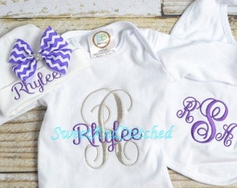 Personalized newborn gown or bodysuit, baby girl take home hospital outfit purple and gray, newborn hat with name, monogram baby girl outfit