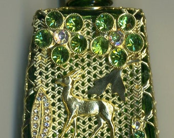 Perfume Bottle, Czech Glass bottle, parfume bottle, flacons - green bottle with deer gold filigree with green and clear stones PB 306