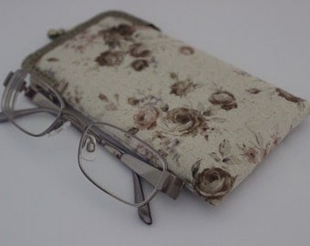 Eyeglass Case Soft Fabric Glasses Case Grey Floral Linen Fabric