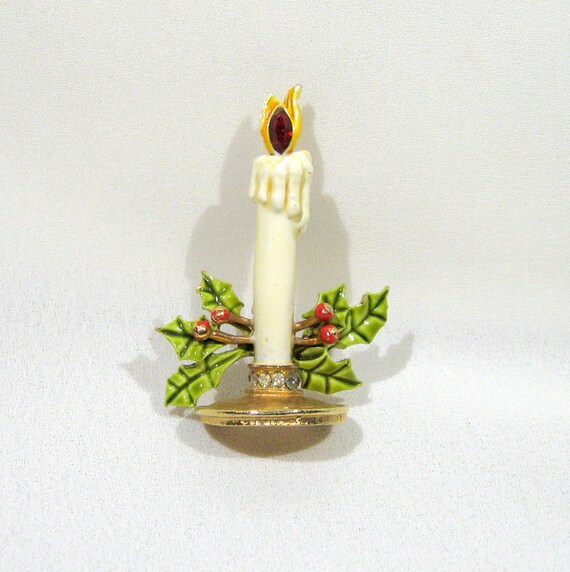 Vintage Coro Christmas Holiday Candle Brooch Pin Gold