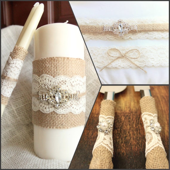  Burlap  Wedding  SET  of 3 Cake  Server  and Knife Unity Candles