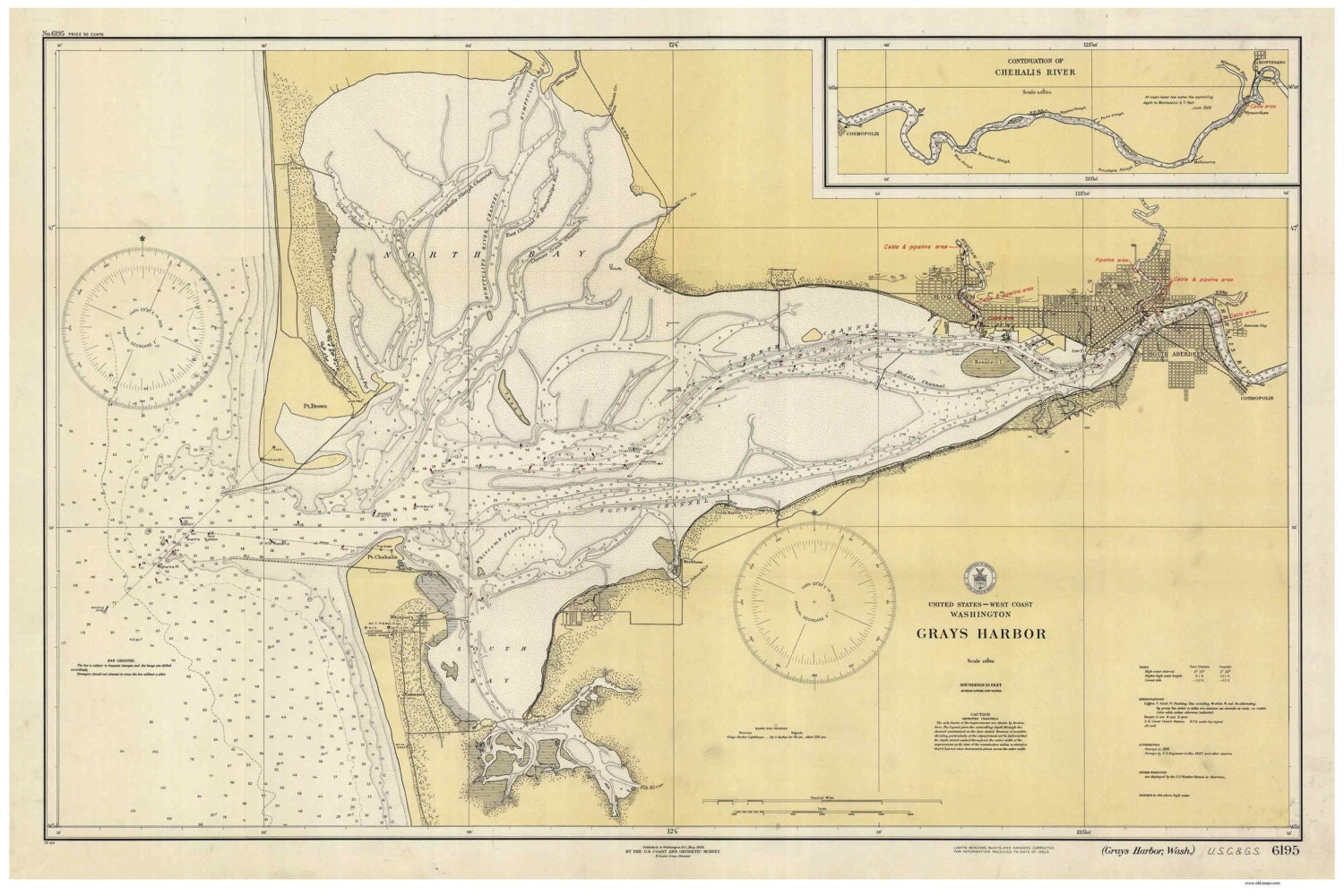 Grays Harbor 1928 Nautical Map Washington PC Harbors Reprint