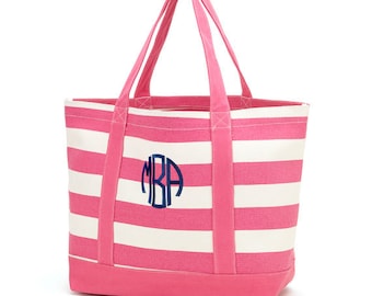 Monogram Tote Bag - Personalized Tote Bag - Beach Bag - Pool Bag -Canvan Bag - Pink Striped Tote Bag