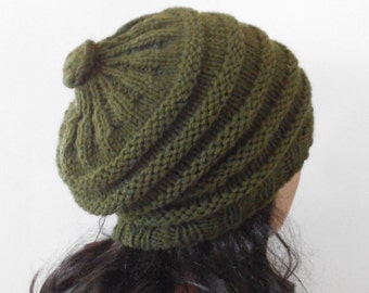 Green Olive Wool Hat. Slouchy Hat. Chunky Woman Hat. Hand Knit Hat.