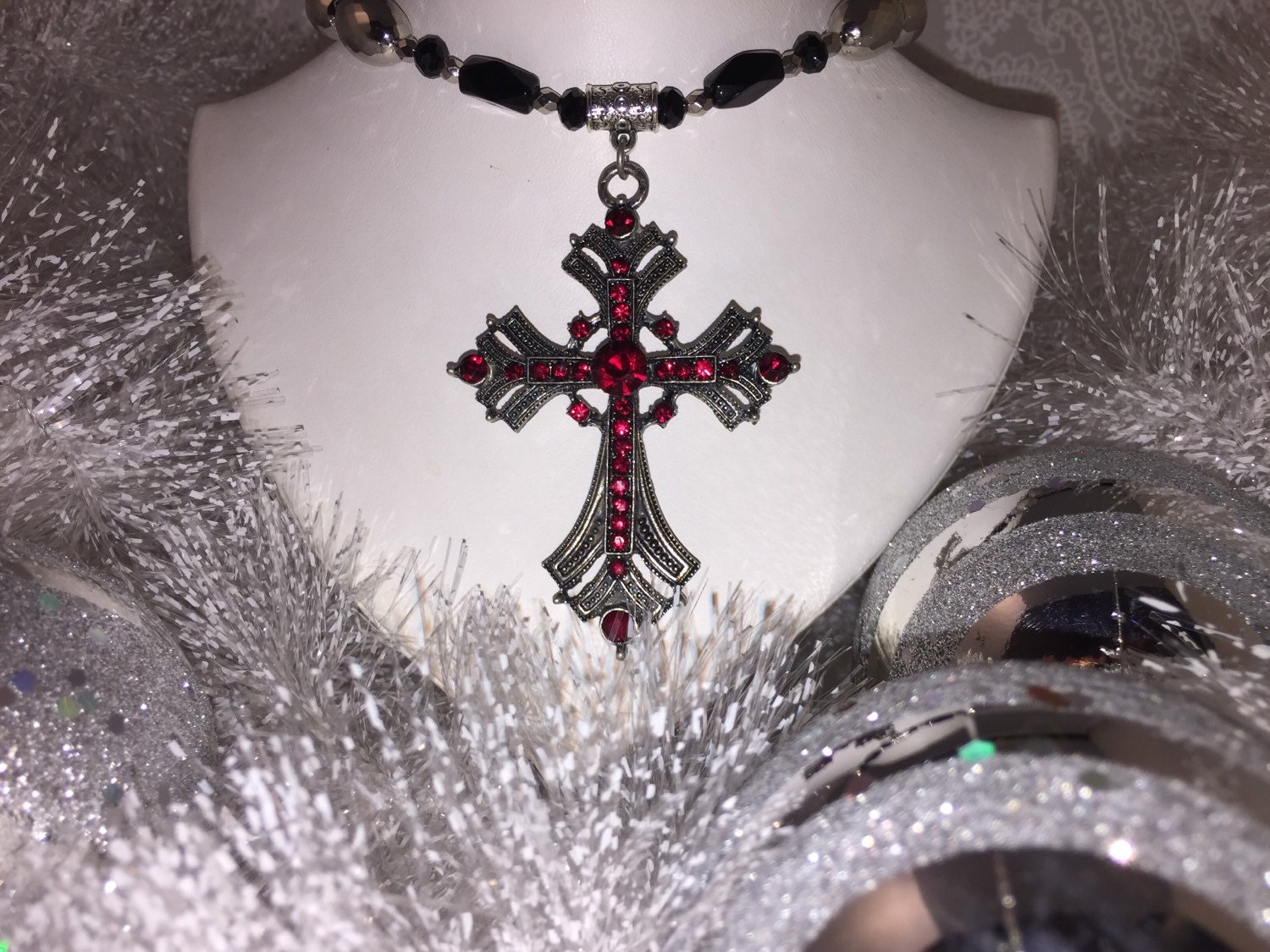 Red crystal cross necklace by LISASBEADINGBOUTIQUE on Etsy
