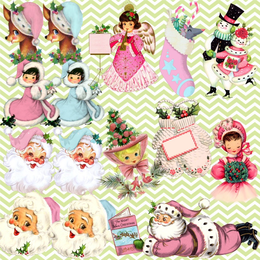 Retro Christmas Clipart Pink & Aqua Vintage Holiday Santa