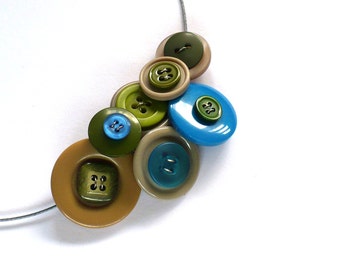 BUTTON Necklace Eco-design Upcycled Blue Green Beige Statement Jewelry
