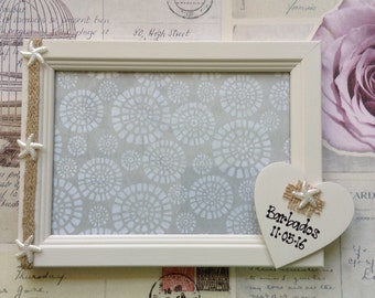 Customised Personalised Beach Wedding / Anniversary Photo Frame Gift Star Fish Rustic Burlap Wooden Heart 4 x 6 inches