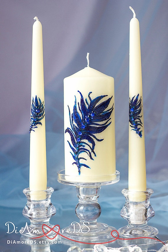 Navy Blue Royal Blue Feather Unity Candle Set