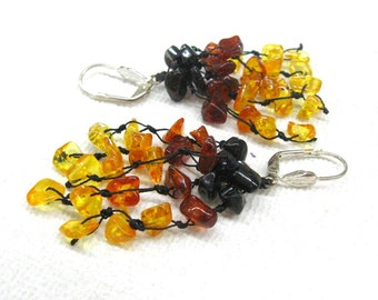 Baltic Amber Long Earrings hand knotted Tassel Dangle Earrings Yellow Honey Brown Multi color Ombre Gradient