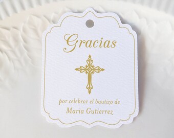 Bautizo Etiqueta, Gold Baptism Favor Tag, Spanish Personalized Gracias Gift Tags, Confirmation, Communion, Cross Custom Label - Set of 20