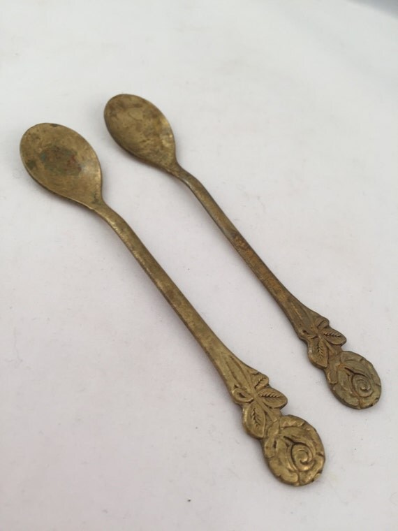 Unique Antique Mini Gold Spoons with Rose Tips Set of 2