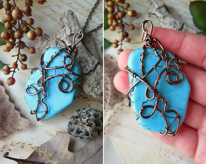 Large boho necklace "Summer Sky" with genuine wire wrapped free form Turquoise. Custom chain length.