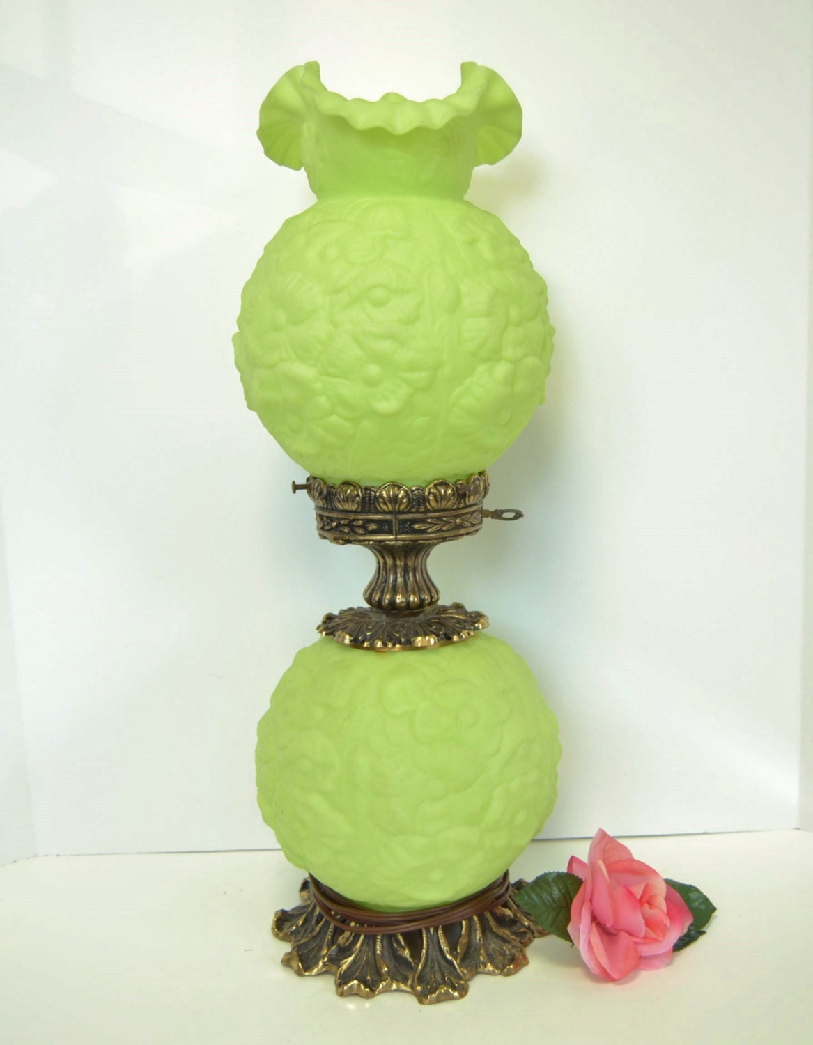 Fenton Satin Vaseline Glass Parlor Lamp by WidhalmsCollectibles