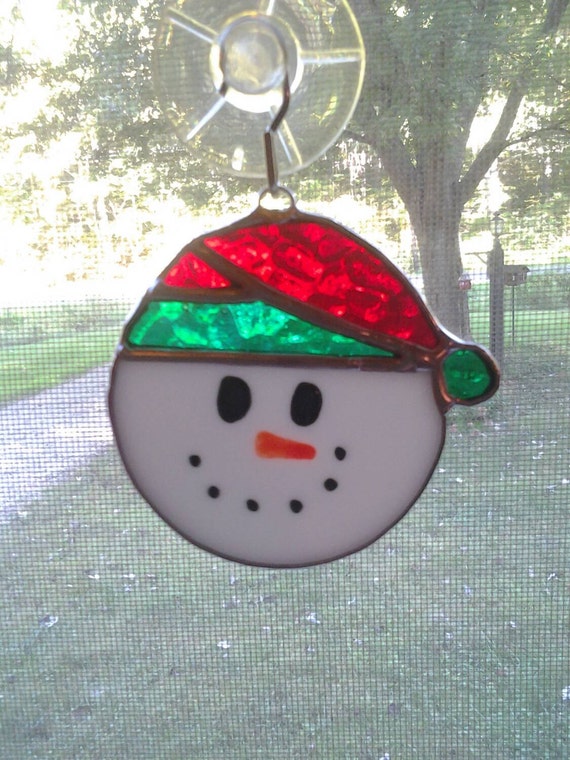 Snowman Stained glass Ornament Sun catcher Red by OldTimeCrafts