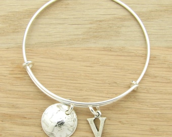 For 90th: 1927 US Dime Coin Bangle Wire Bracelet with optional letter charm for 90th Birthday Gift Coin Jewelry