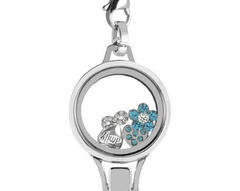 Silver Floating Locket Lanyard Badge Holder with Choice of 6 Charms 1 Plate and Matching Chain (Silver No Stone Circle)