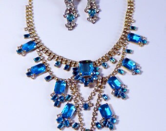 Husar D Czech Ice Blue Glass Necklace Clip Earring Set