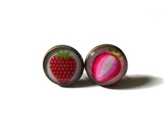 STRAWBERRY STUD EARRINGS - Strawberry post earrings - Strawberry Lover earrings - Strawberry jewelry - Fruit earrings - Mix Matched Earrings
