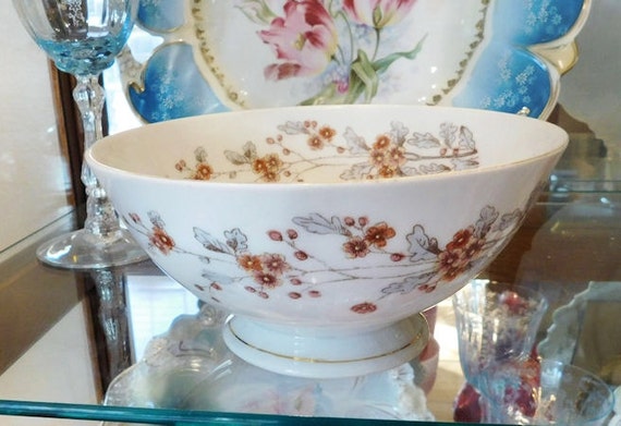 1800s Antique Ironstone Waste Bowl Victorian Aesthetic Period Carlsbad Austria Marx Gutherz Brown Polychrome Floral Transferware