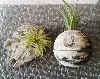 Death Star planter gift set, air plant holder, desk planter, Millennium Falcon, Star Wars geekery, nerdy gift