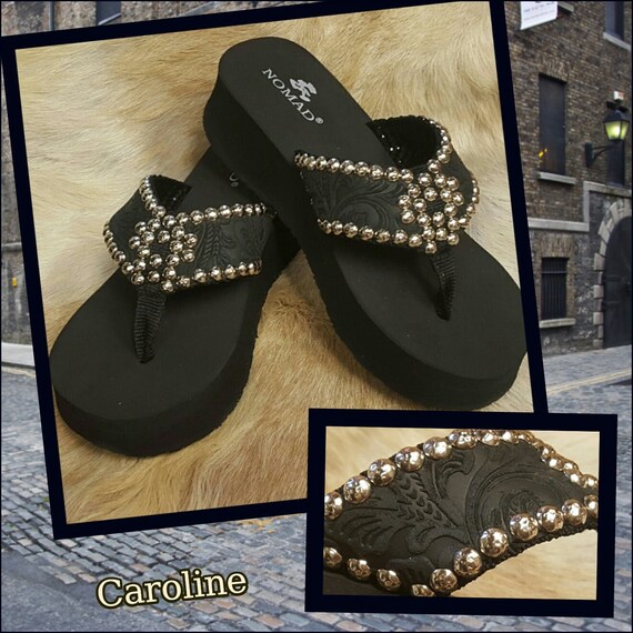 Black Suede Tooled Leather Flip Flops made by JujusJewelsFlipFlops