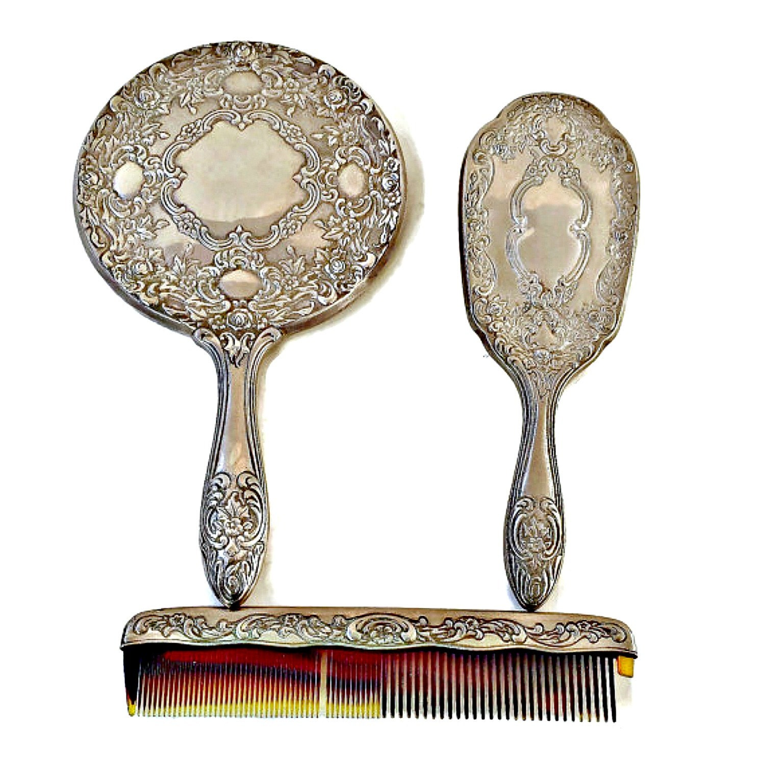 Dresser Set Silver Plate Mirror Hair Brush and by EclecticVintager