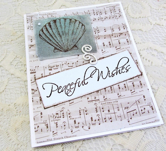 Peaceful Wishes - Holiday Card - Musical Note Paper - Seashell Card - Blank Card - Hand Stamped Fabric - Thanksgiving Card - Christmas Card